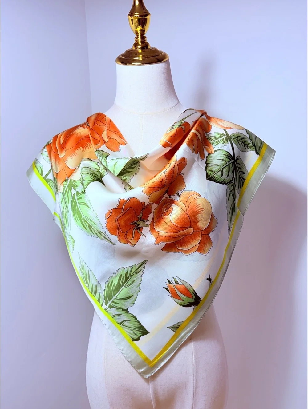 Elegant Floral Orange Rose Print Scarf with Green Leaves and Yellow Border